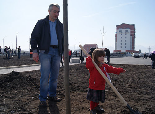 Владикавказ, начальник управления культуры АМС Владикавказа Георгий Туаев и его дочь Анина в момент посадки дерева. 17 апреля 2010 года. Фото "Кавказского Узла"