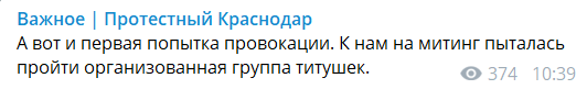 Скриншот сообщения Telegram-канала "Протестный Краснодар"