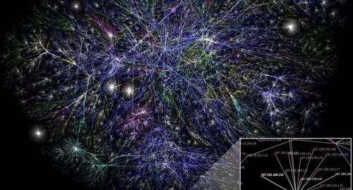 Частичная карта Интернета, основанная на данных от 15 января 2005 года с сайта www.opte.org/maps. Каждая линия нарисована между двумя узлами, соединяя IP-адреса. Фото  The Opte Project - https://ru.wikipedia.org/wiki/
