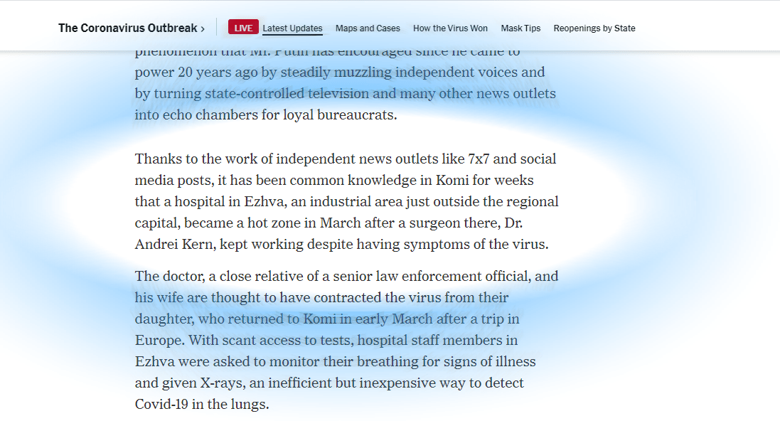 Фрагмент статьи The New York Times. Фото: скриншот - https://www.nytimes.com/2020/04/19/world/europe/russia-komi-coronavirus.html