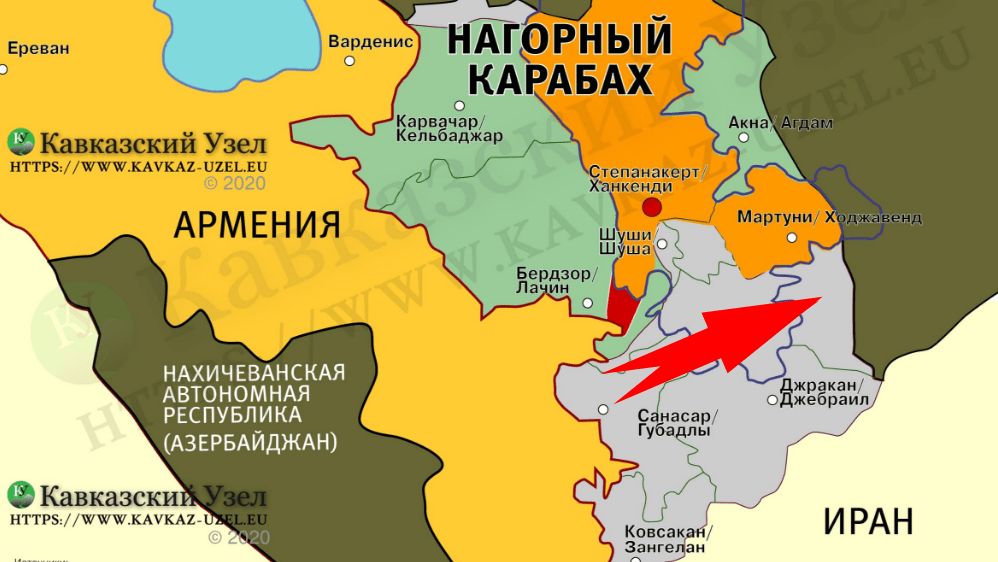 Стрелкой указана часть Физулинского района Азерббайджана, входившая в состав Гадрутского района Нагорного Карабаха и перешедшая под контроль Баку осенью 2020 года. Фрагмент карты https://www.kavkaz-uzel.eu/articles/356336/