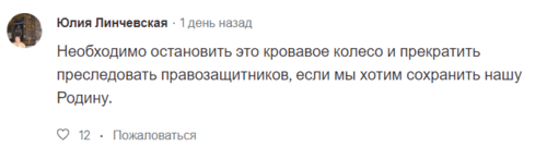 Скриншот комментария пользователя Юлия Линчевская к петиции на Change.Org "Руки прочь от Мемориала - остановим ликвидацию по суду ключевых общественных организаций!" от 12.11.2021.