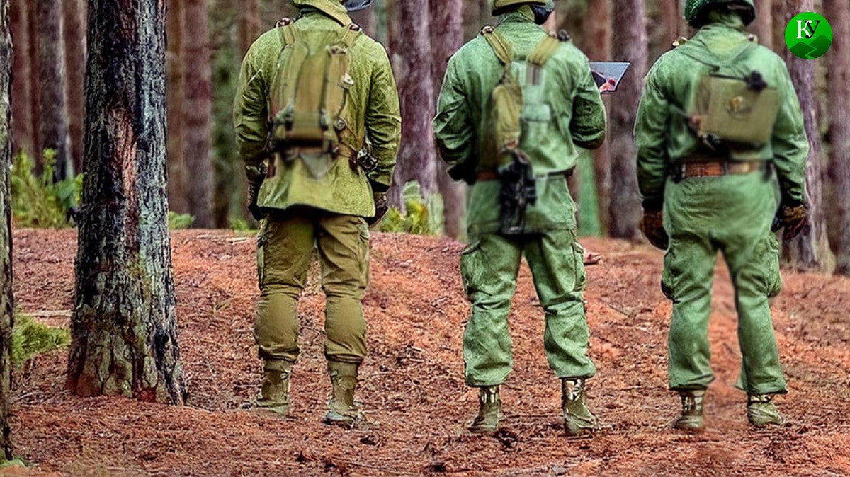 Военные в лесу. Иллюстрация создана «Кавказским узлом» с помощью ИИ в программе Photoshop